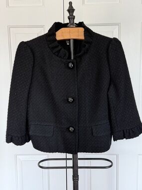 Ann Taylor Classic Black Wool Textured Ruffle-Trim Jacket